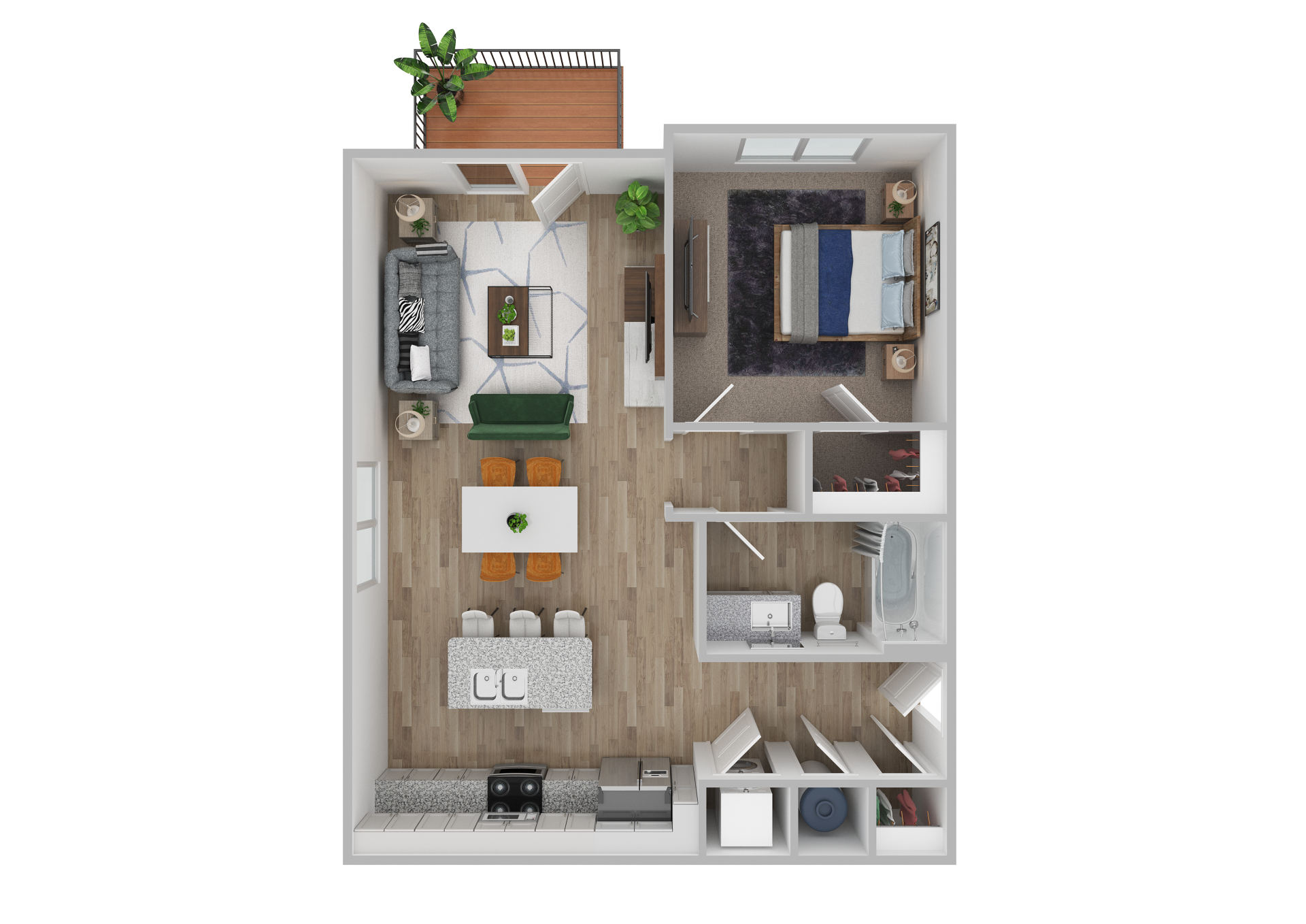 Floor plan for 1 bed, 1 bath, 737 sqft